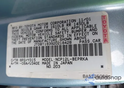 2002 Toyota Echo z USA, uszkodzony, nr VIN JTDBT183920218428